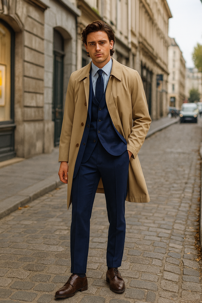 Mens Beige Trench Coat – Classic Long Overcoat with Button Front - Raincoat in Khaki Color - Image 5