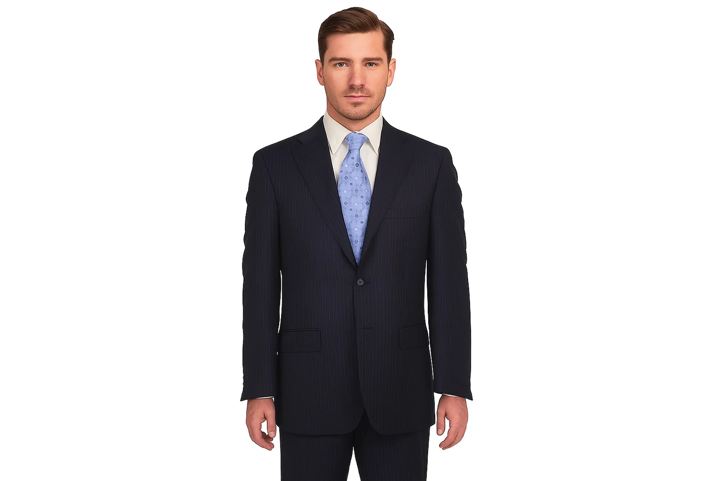 Men'S Flat Front Super 150'S Poly~Rayon Dark Navy Stripe Modern Fit 2 Button Without Pleat Cheap Priced Disc - Image 2