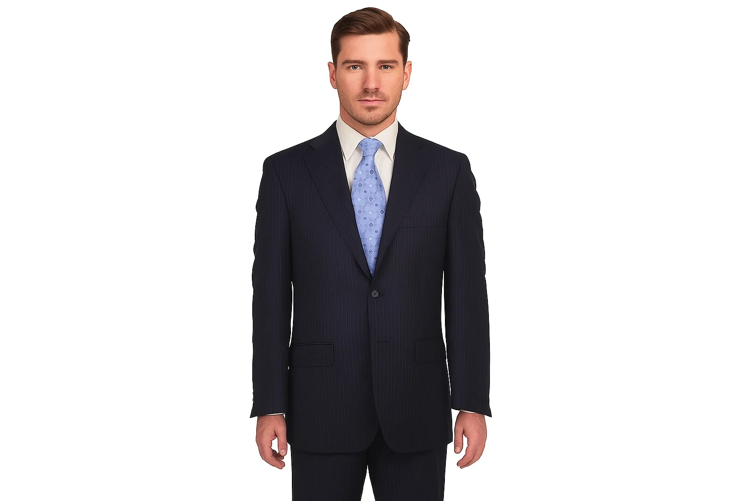 Men'S Flat Front Super 150'S Poly~Rayon Dark Navy Stripe Modern Fit 2 Button Without Pleat Cheap Priced Disc - Image 2
