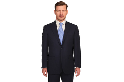 Men'S Flat Front Super 150'S Poly~Rayon Dark Navy Stripe Modern Fit 2 Button Without Pleat Cheap Priced Disc - Image 2