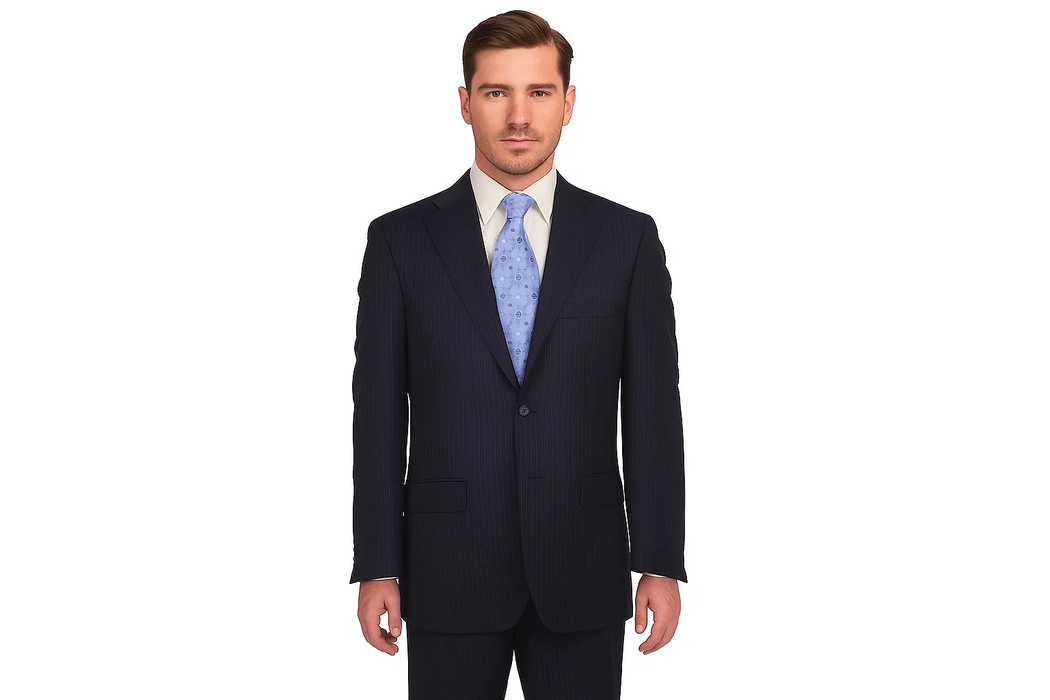 Men'S Flat Front Super 150'S Poly~Rayon Dark Navy Stripe Modern Fit 2 Button Without Pleat Cheap Priced Disc