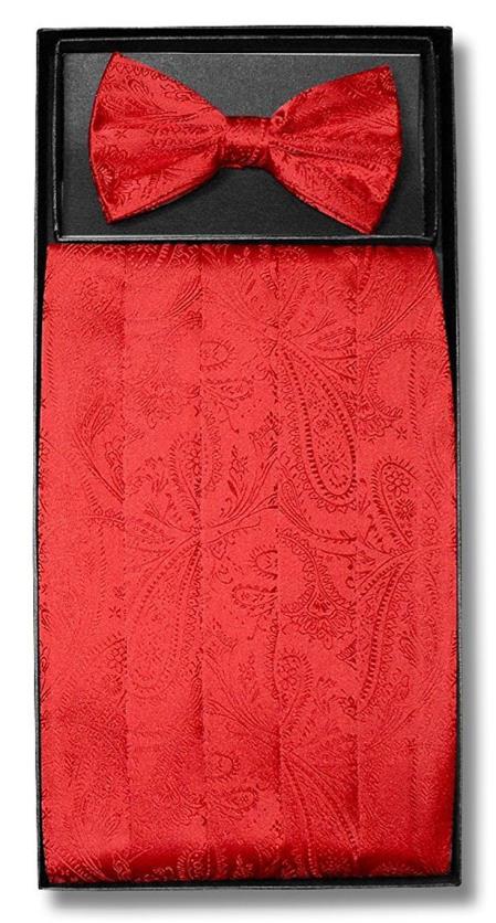Men's Paisley Pattern Polyester Red Bowtie With Cummerbund