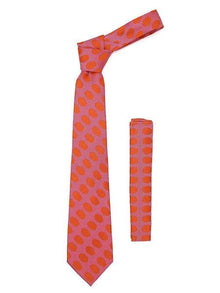 Men's Geometric Red Orange Polkadot Stripe Fashionable Necktie With Hanky Set - Men's Neck Ties - Mens Dress Tie - Trendy Mens Ties
