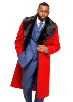 Red Overcoats ~ Long Men's Dress Topcoat - Winter Coat With Fur Collar In And Fabric
