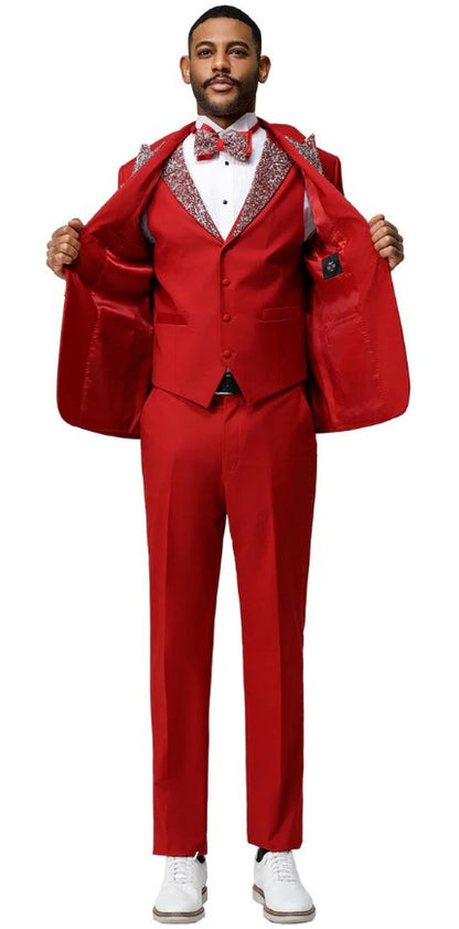 Red Prom Tuxedo - Perfect Wedding Suit Vested Rhinestone Lapelled