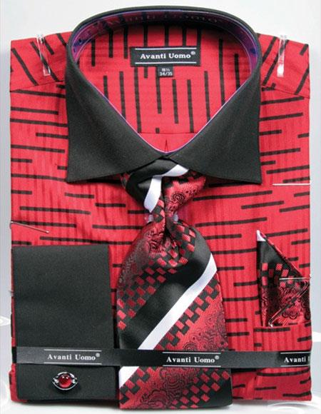 Unique Red Broken Stripe Pattern Two Tone French Cuff Big and Tall Sizes Two Toned Contrast 18 19 20 21 22 Inch Neck Men's Dress Shirt