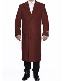 Men's Dress Coat Full Length Wool Dress Top Coat / Overcoat in Burgundy Overcoat