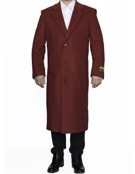 Men's Dress Coat Full Length Wool Dress Top Coat / Overcoat in Burgundy Overcoat