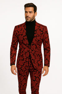 Mens Red and Black Floral Brocade Tuxedo Suit – Two Piece Slim Fit Set