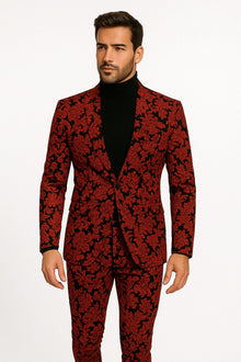 Mens Red and Black Floral Brocade Tuxedo Suit – Two Piece Slim Fit Set