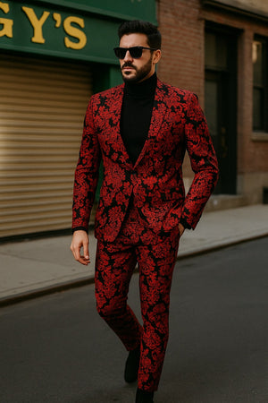 Mens Red and Black Floral Tuxedo Suit – Slim Fit 2 Piece Embroidered Outfit for Weddings, Prom, and Formal Events