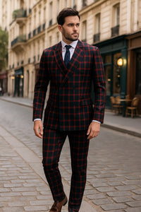 Tartan Christmas New Year Holiday Black and Red Suit - Double Breasted Style Slim Fit Windowpane Pattern