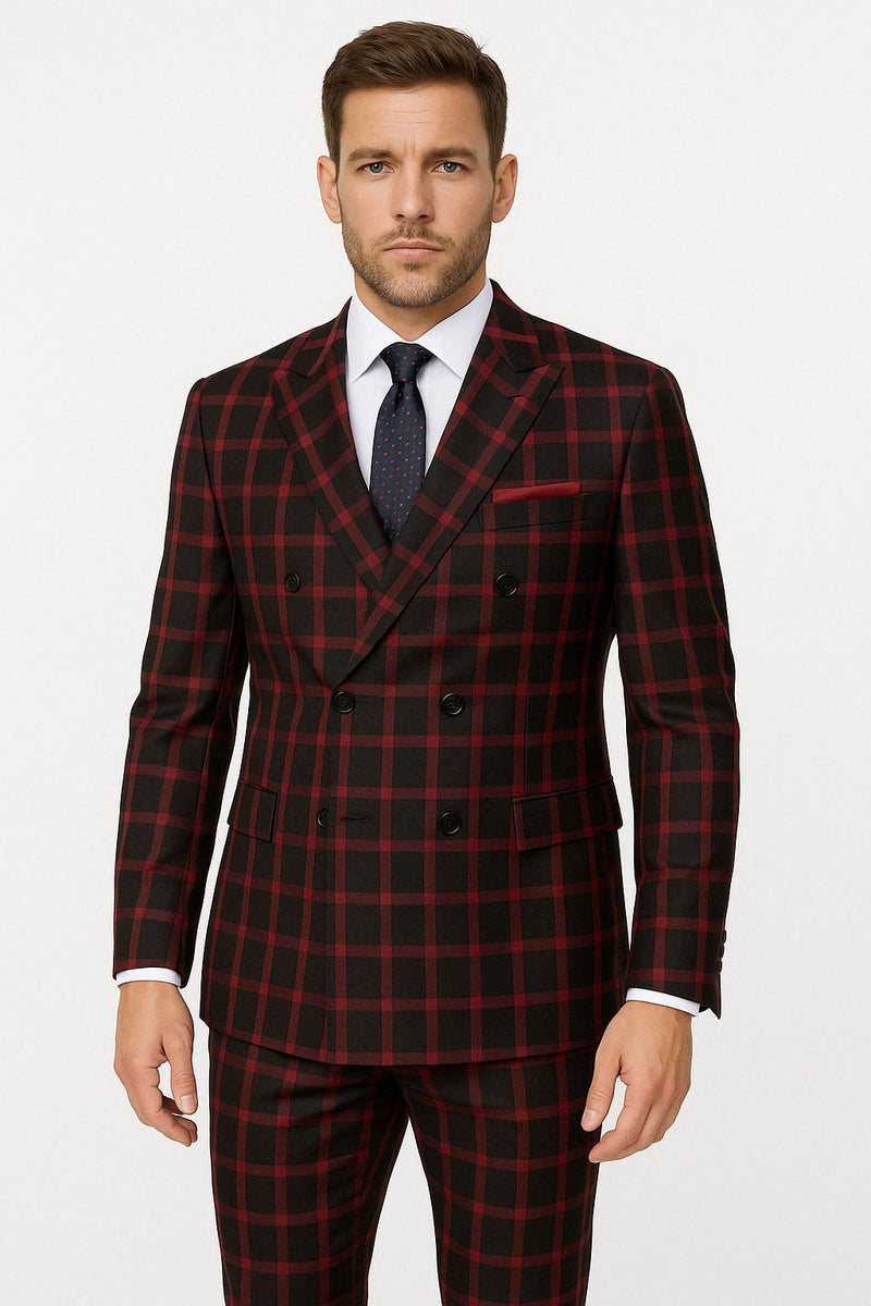 Mens Red and Black Plaid Double-Breasted Suit – Slim Fit Checkered 2 Piece Formal Business Outfit Red and Black / 40 Regular Jacket+34 Waist Adjust