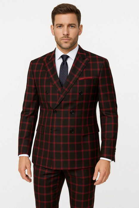 Tartan Christmas New Year Holiday Black and Red Suit - Double Breasted Style Slim Fit Windowpane Pattern