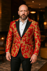 Mens Red and Gold Embroidered Tuxedo Blazer – Baroque Style One Button Dinner Jacket with Black Satin Lapel
