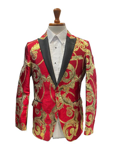 Mens Red and Gold Embroidered Tuxedo Blazer – Baroque Style One Button Dinner Jacket with Black Satin Lapel