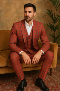 Red Tartan Suit Christmas Party Event - Plaid 3-Piece Slim Fit Suit with Vest - Window pane Pattern
