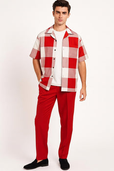 Mens Red and White Checkered Short Sleeve Shirt Set – Casual Two-Piece Summer Outfit With Walking Suit Plus Matching Pants