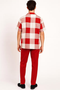 Mens Red and White Checkered Short Sleeve Shirt Set – Casual Two-Piece Summer Outfit With Walking Suit Plus Matching Pants