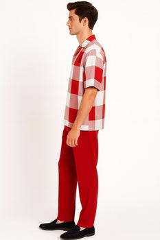 Mens Red and White Checkered Short Sleeve Shirt Set – Casual Two-Piece Summer Outfit With Walking Suit Plus Matching Pants