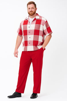 Mens Red and White Checkered Short Sleeve Shirt Set – Casual Two-Piece Summer Outfit With Walking Suit Plus Matching Pants