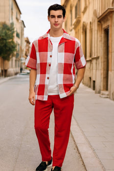 Mens Red and White Checkered Short Sleeve Shirt Set – Casual Two-Piece Summer Outfit With Walking Suit Plus Matching Pants