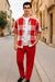 Mens Red and White Checkered Short Sleeve Shirt Set – Casual Two-Piece Summer Outfit With Walking Suit Plus Matching Pants