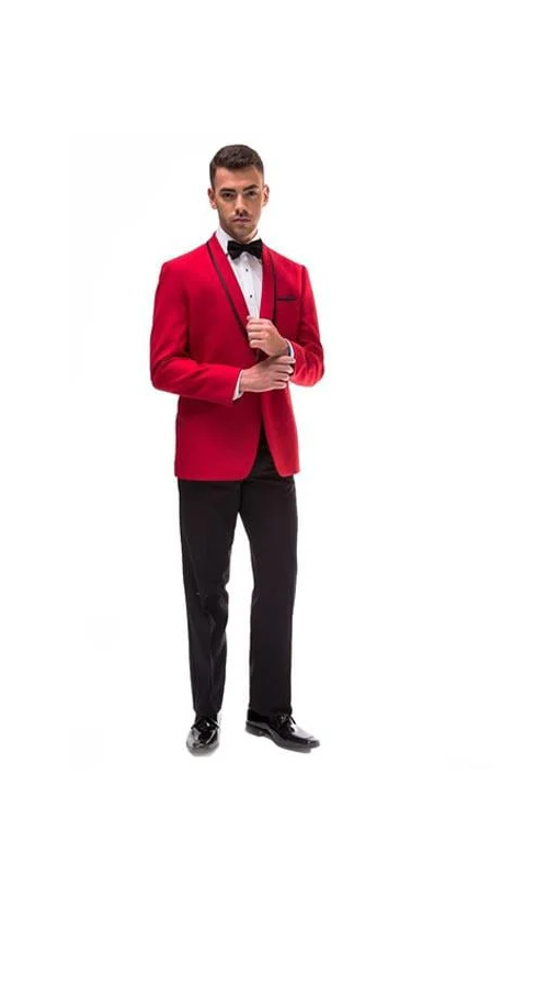 Red And Black Trim Lapel Shawl Tuxedo Suit Jacket & Pants ( Blazer Sport Coat)