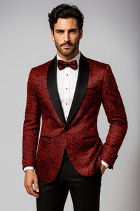 Red And Black Two Toned Paisley Floral Cheap Priced Blazer Jacket For Men Tuxedo Dinner Jacket Fashion Sport Coat + Matching Bow Tie Advanced To Ship November / 15 / 2019