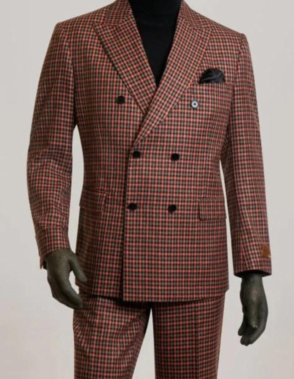 Steve Harvey Suits Clothing line - Steve Harvey Suits Mens Gray and Burnt Rust Checkered Suit - Plaid Textured Pattern Suit Modern Fit