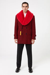 Men’s Red and Black Houndstooth Overcoat with Faux Fur Shawl Collar – Luxury Double-Breasted Winter Coat