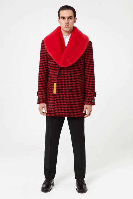 Men’s Red and Black Houndstooth Overcoat with Faux Fur Shawl Collar – Luxury Double-Breasted Winter Coat