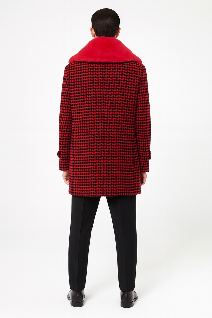 Men’s Red and Black Houndstooth Overcoat with Faux Fur Shawl Collar – Luxury Double-Breasted Winter Coat