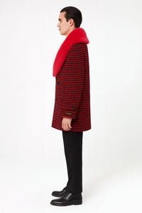 Men’s Red and Black Houndstooth Overcoat with Faux Fur Shawl Collar – Luxury Double-Breasted Winter Coat