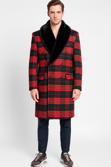 Men’s Red and Black Plaid Wool Overcoat with Black Faux Fur Shawl Collar – Double-Breasted Winter Coat - Tartan Design