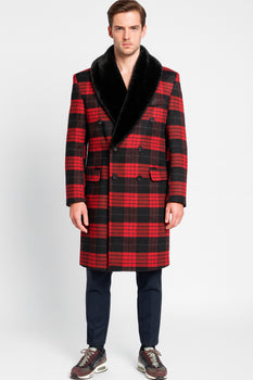 Men’s Red and Black Plaid Wool Overcoat with Black Faux Fur Shawl Collar – Double-Breasted Winter Coat - Tartan Design