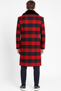Men’s Red and Black Plaid Wool Overcoat with Black Faux Fur Shawl Collar – Double-Breasted Winter Coat - Tartan Design