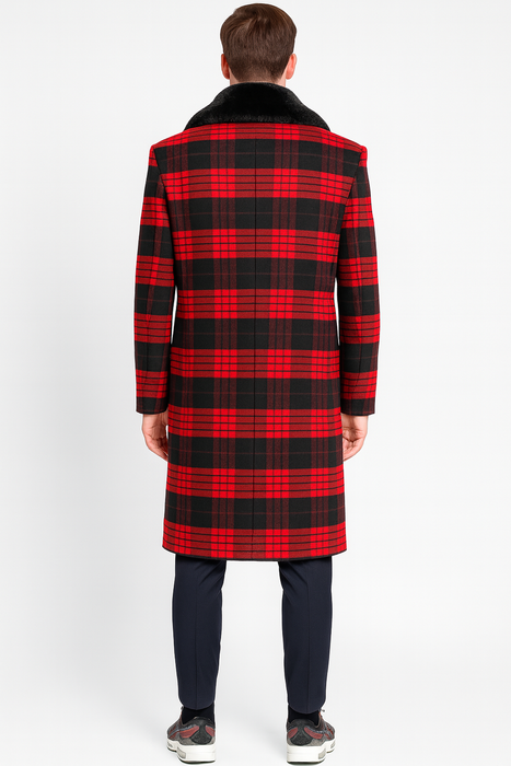 Men’s Red and Black Plaid Wool Overcoat with Black Faux Fur Shawl Collar – Double-Breasted Winter Coat - Tartan Design