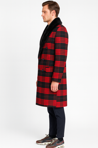 Men’s Red and Black Plaid Wool Overcoat with Black Faux Fur Shawl Collar – Double-Breasted Winter Coat - Tartan Design