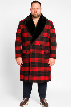 Men’s Red and Black Plaid Wool Overcoat with Black Faux Fur Shawl Collar – Double-Breasted Winter Coat - Tartan Design