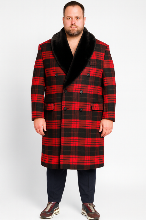 Men’s Red and Black Plaid Wool Overcoat with Black Faux Fur Shawl Collar – Double-Breasted Winter Coat - Tartan Design