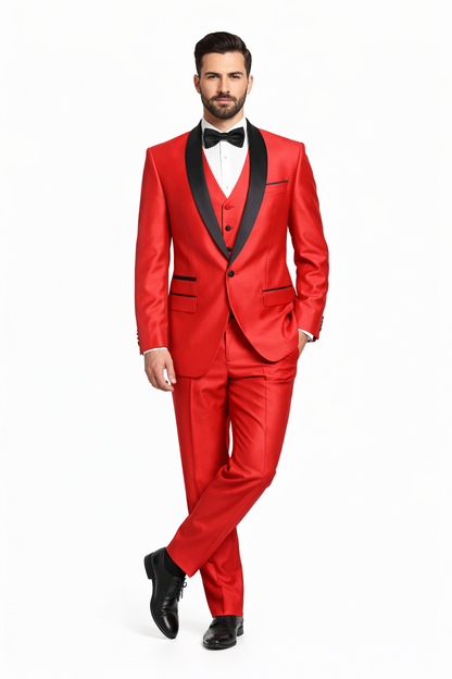 Red Shiny Tuxedo Vested Suit - Sateen Sharkskin Fabric Groom Suit