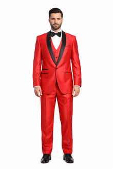 Red Shiny Tuxedo Vested Suit - Sateen Sharkskin Fabric Groom Suit