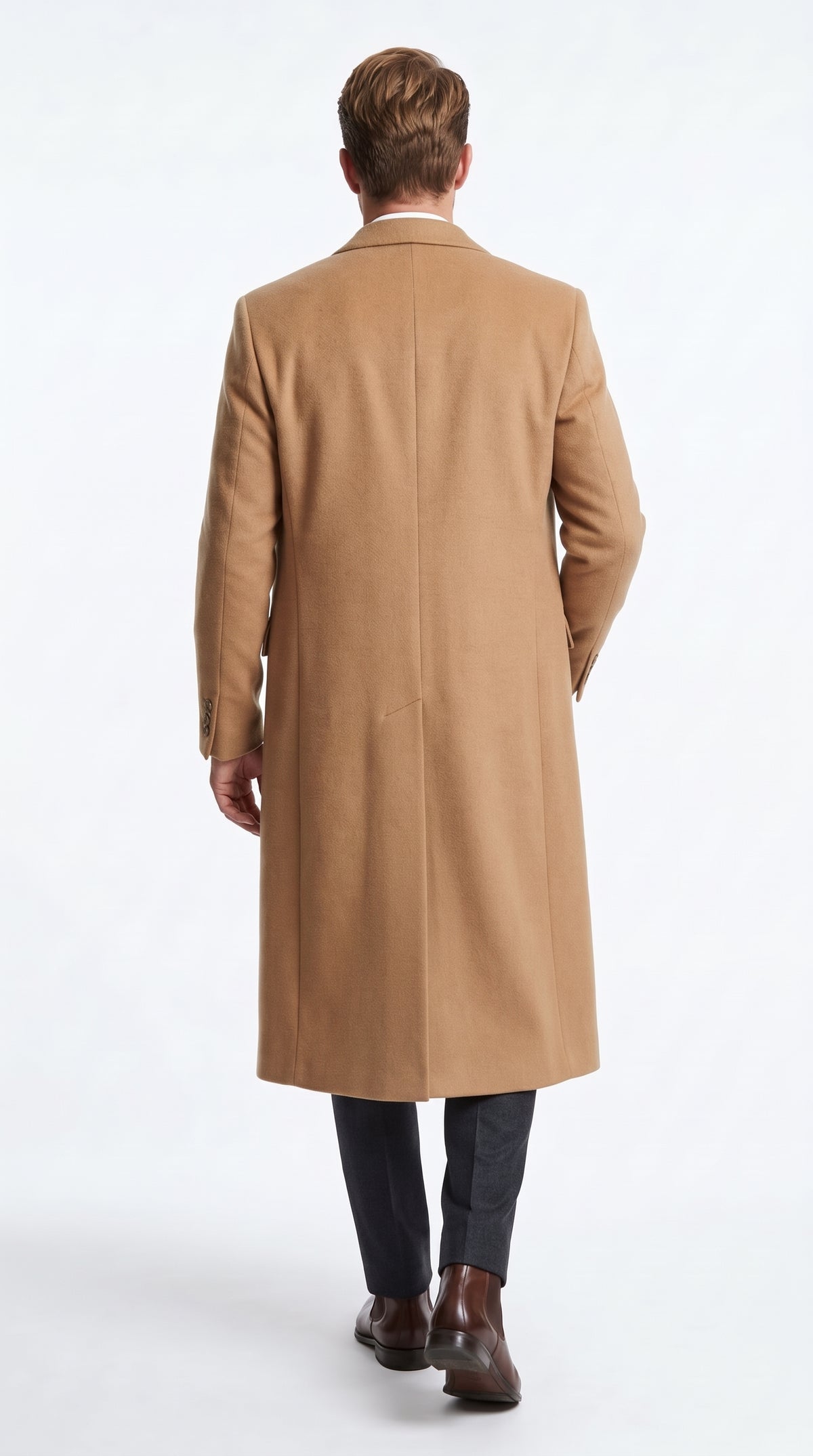 Men’s Camel Cashmere Winter Topcoat, Full Length Dress Overcoat