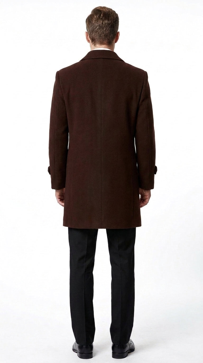 Men’s Brown Plush Microfiber Top Coat – Classic Full-Length Dress Coat for Business, Church and Formal Wear