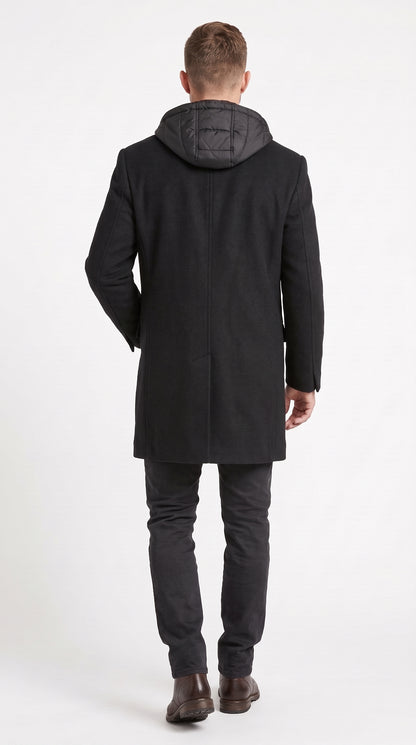 Men’s Black Hooded Overcoat, Formal Topcoat with Removable Hoodie Style