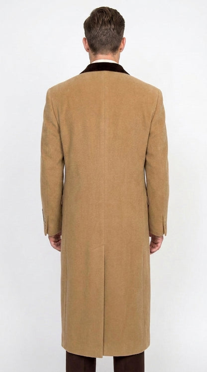 Men’s Camel Chesterfield Overcoat with Brown Velvet Collar, Full Length Cashmere Style Dress Coat
