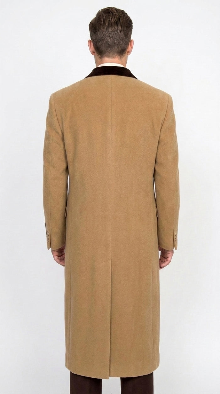 Men’s Camel Chesterfield Overcoat with Brown Velvet Collar, Full Length Cashmere Style Dress Coat