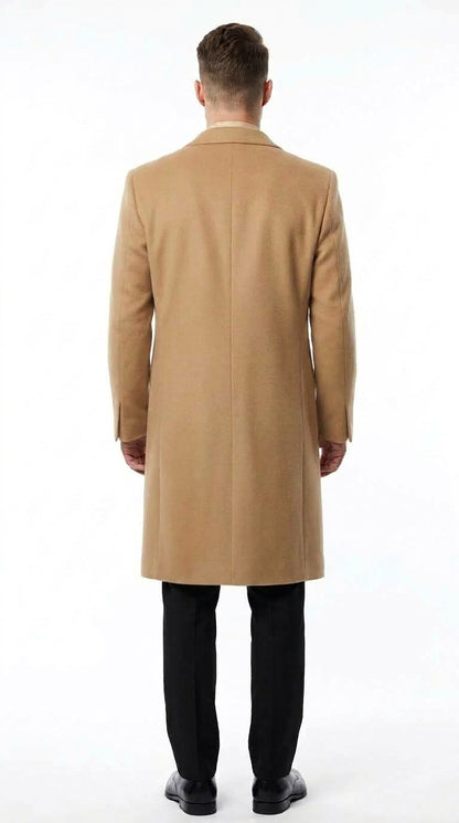 Men’s Camel Cashmere Blend Full Length Overcoat, Luxury Winter Dress Topcoat