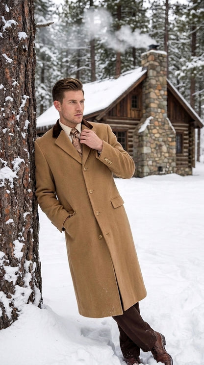 Men’s Camel Chesterfield Overcoat with Brown Velvet Collar, Full Length Cashmere Style Dress Coat